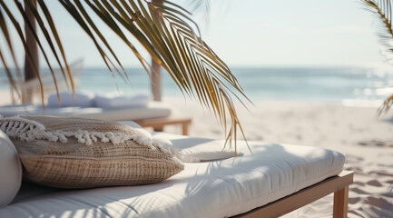 A sun lounger with cosy cushions under the shade of palm trees on a sandy beach with the blue ocean in the background