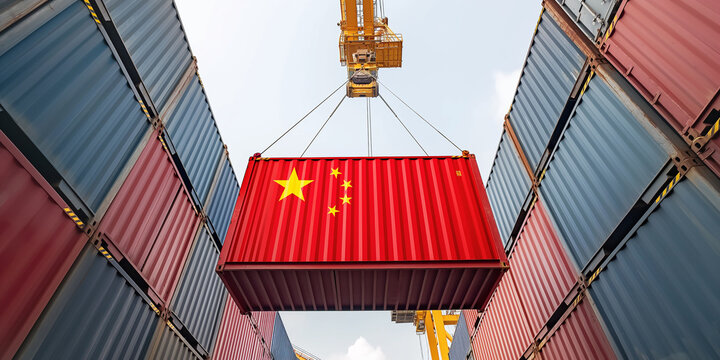 Crane lifting up container with chinese flag at import export terminal