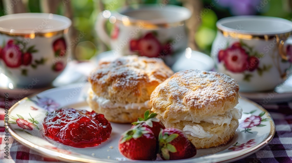 Sticker Scones with Strawberry Jam on a plate Classic English tea set up