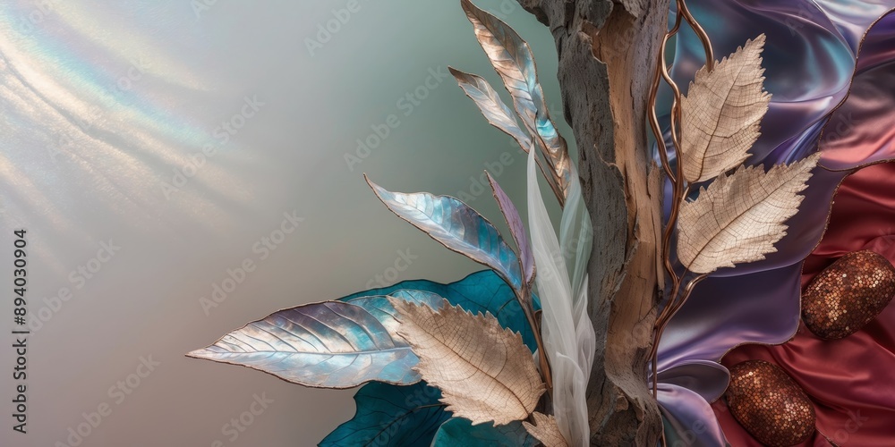 Poster Metallic leaves with iridescent hues are arranged against a backdrop of shimmering and satin fabrics