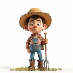 A cheerful cartoon farmer boy holding a pitchfork, dressed in plaid shirt, overalls, and straw hat, standing on green grass , isolated on white background