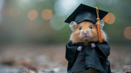 A cute hamster in a graduation cap and gown, symbolizing achievement and celebration in a whimsical outdoor setting.