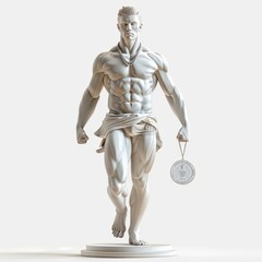 A stunning white statue of a muscular athlete showcasing strength and determination, holding a medal with pride , isolated on white background