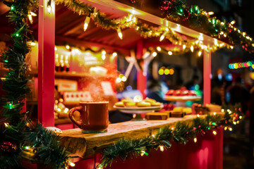 Hot Cocoa Stand. A cozy outdoor hot cocoa stand decorated with Christmas lights and garlands,...