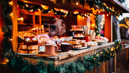 Hot Cocoa Stand. A cozy outdoor hot cocoa stand decorated with Christmas lights and garlands,...
