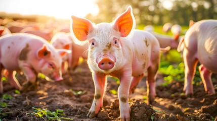 A group of cute pink piglets grazing contentedly on a rural pig farm in a lush pastoral countryside setting  The image represents concepts of farming animal husbandry and sustainable meat production