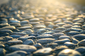 Obraz premium A close up of a rocky path with a sun shining on it. The rocks are of various sizes and are scattered across the path. Concept of ruggedness and natural beauty