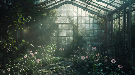 A greenhouse filled with flowers and plants. The sunlight shining through the glass windows creates a warm and inviting atmosphere. The flowers are in full bloom, adding a touch of color