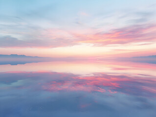 Fototapeta premium A beautiful sunset over a calm lake with a pink and orange sky. The sky is filled with clouds, and the water is reflecting the colors of the sky. The scene is serene and peaceful