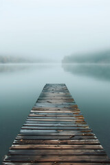Obraz premium A wooden bridge spans a body of water, with a foggy sky above. The scene is serene and peaceful, with the water reflecting the sky and the bridge