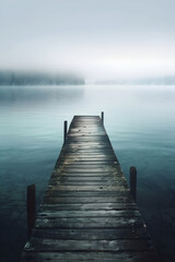Fototapeta premium A wooden pier is in front of a body of water. The water is calm and the sky is cloudy
