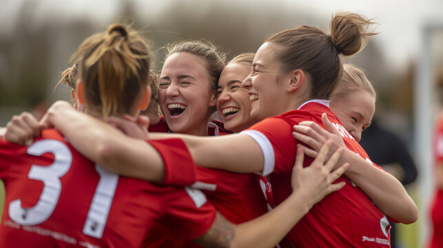 Female soccer team celebrating victory, teamwork, joy, group hug, outdoor sports, team spirit, happy athletes, success, unity, sportsmanship, red uniforms, soccer field