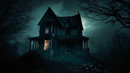 A terrifying atmosphere in a sinister house on a dark night, 16:9, 300 dpi, with space for text