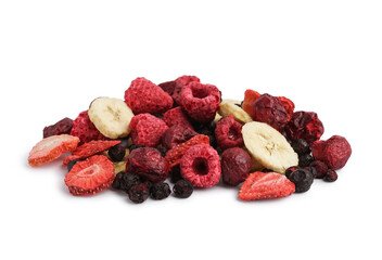 Heap of different freeze-dried fruits on white background