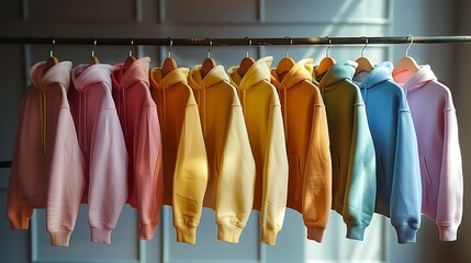  Several hoodies spread on colorful background 