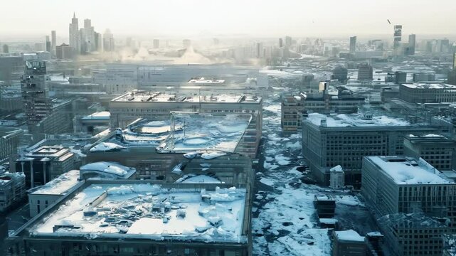 Aerial view: Sprawling metropolis under winter's grip. Camera tracks across frozen cityscape, revealing snow-covered rooftops and icy streets. Glitch effects amplify the post-apocalyptic atmosphere.	
