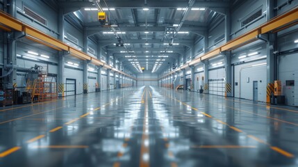 Fototapeta premium Futuristic Industrial Workplace - 3D Render of Clean, Organized Factory with Workers in Safety Gear