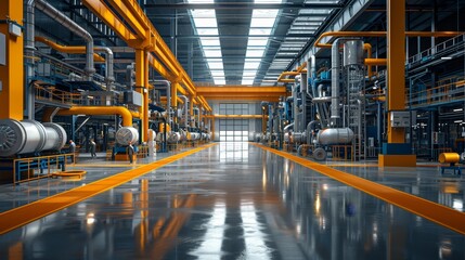 Fototapeta premium Modern Industrial Plant: Workers Following Safety Protocols in Bright Digital Environment