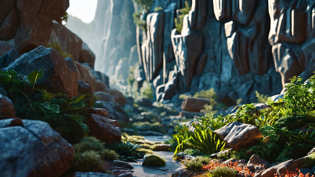Fantasy stone jungle, video game stage, photorealistic 3d, volumetric lighting, 16:9, 300 dpi, with space for text