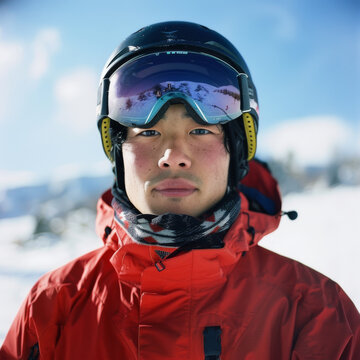 portrait of an asian male snowboarder 