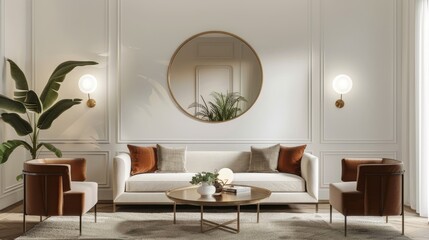 Modern decorative wall mirror, room decor. Blank area for text.