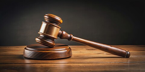 Judge's gavel symbolizing judicial authority on a wooden surface with a dark backdrop , authority, justice, court, legal