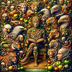 Obraz premium The Story Teller, made of various fruits and organic elements reads a book, surrounded by animal heads and human faces, with fauna and intricate patterns of nature, (Gen, A.I.)