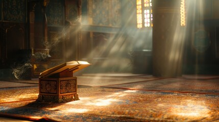 Divine Illumination: Quranic Verses Glowing with Radiant Light Amidst Prayer