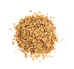 Heap of raw buckwheat grains on white background
