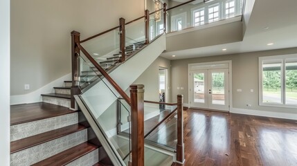 Modern glass railing with wooden handrail for staircase