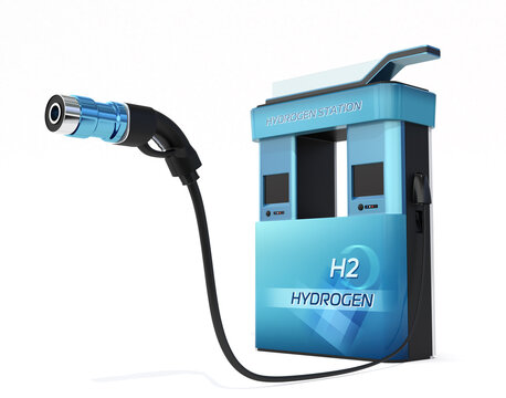 Close-up view of Fuel Cell Hydrogen fueling nozzle with FCV Refueling Station background. 3D rendering image.