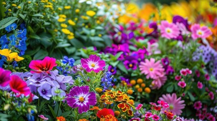Fototapeta premium Vibrant garden with summer flowers. Multi-hued blooms in park flower beds.