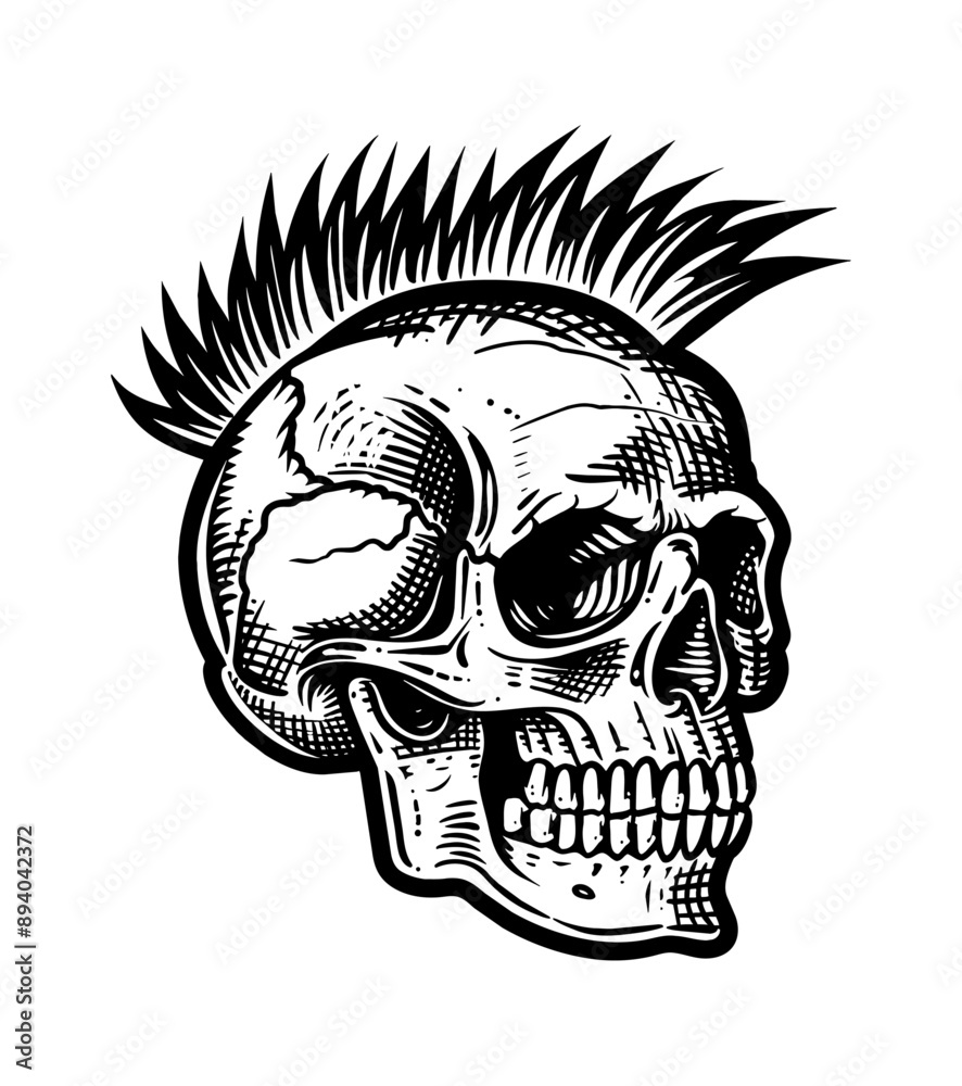 Poster skull mohawk engraving black and white outline