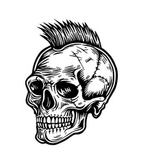 skull mohawk engraving black and white outline