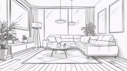 
Interior design with modern living room in black line sketch on white background, vector, very beautiful illustration