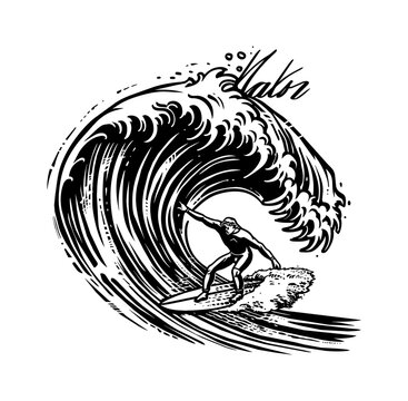recommend clip art: surfer wave sea engraving black and white outline