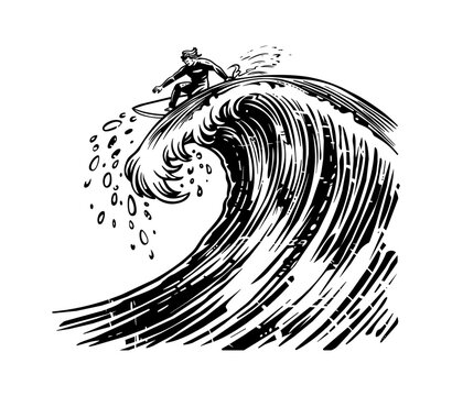 recommend clip art: surfer wave sea engraving black and white outline