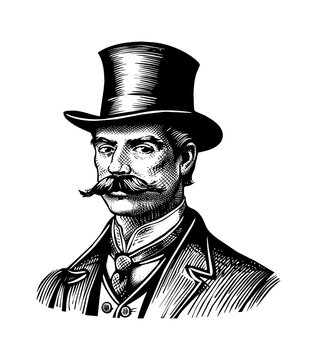 recommend clip art: man gentleman wear top hat engraving black and white outline