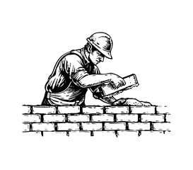 man build wall brick engraving black and white outline