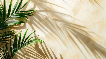 Tropical palm leaf shadow on beige wall in minimal design summer theme flat lay