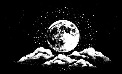 full moon night sky engraving black and white outline