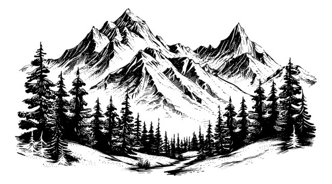 mountain forest engraving black and white outline