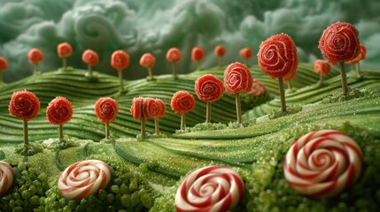 A cute and whimsical candy landscape made of sugar, with lollipop trees and swirls on green hills.