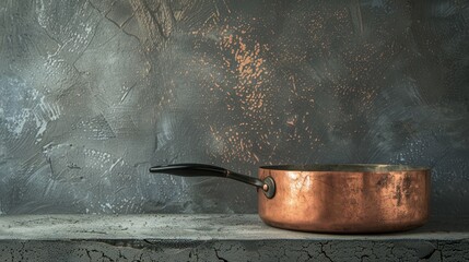 Text space available with a vintage copper casserole and black handle on concrete