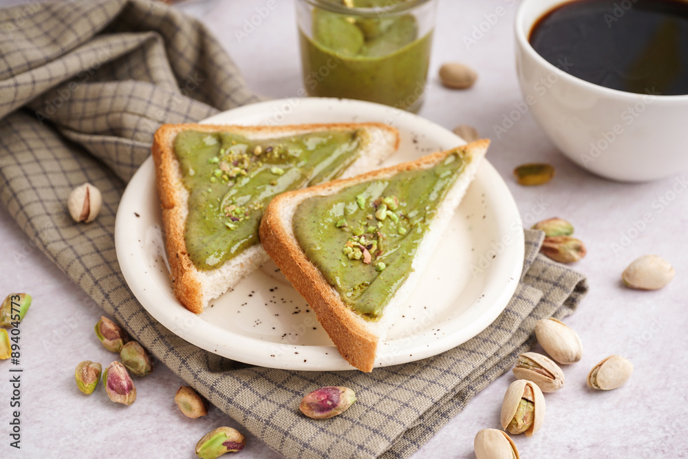 Wall mural Plate and bread pieces with tasty pistachio paste on light background