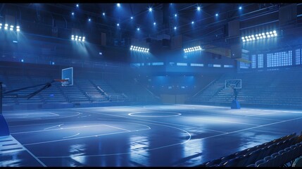 A vacant stadium, basketball court, and sports field with fans and flashlights