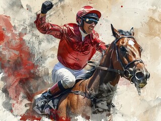 Triumphant Jockey Celebrating Victory on Horseback with Trophy, Waving to Crowds in Success Parade