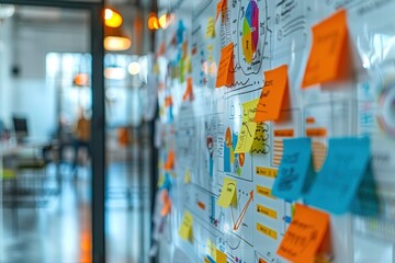 Dynamic workspace featuring a colorful brainstorming wall with sticky notes and diagrams for collaborative idea generation.