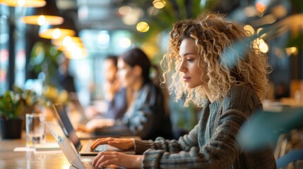 Focused woman working on laptop in a modern cafe with vibrant atmosphere and greenery, showcasing contemporary workspace culture.