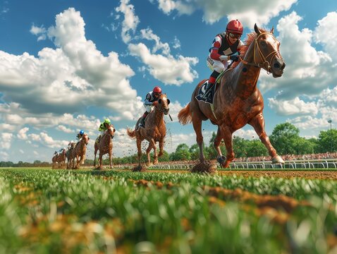 Intense Horse Racing Action at Packed Grandstand with Thundering Steeds in Home Stretch